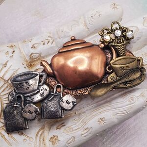 Vintage Tea Set Brooch Copper Pewter Tea Cups And Kettle Pot
